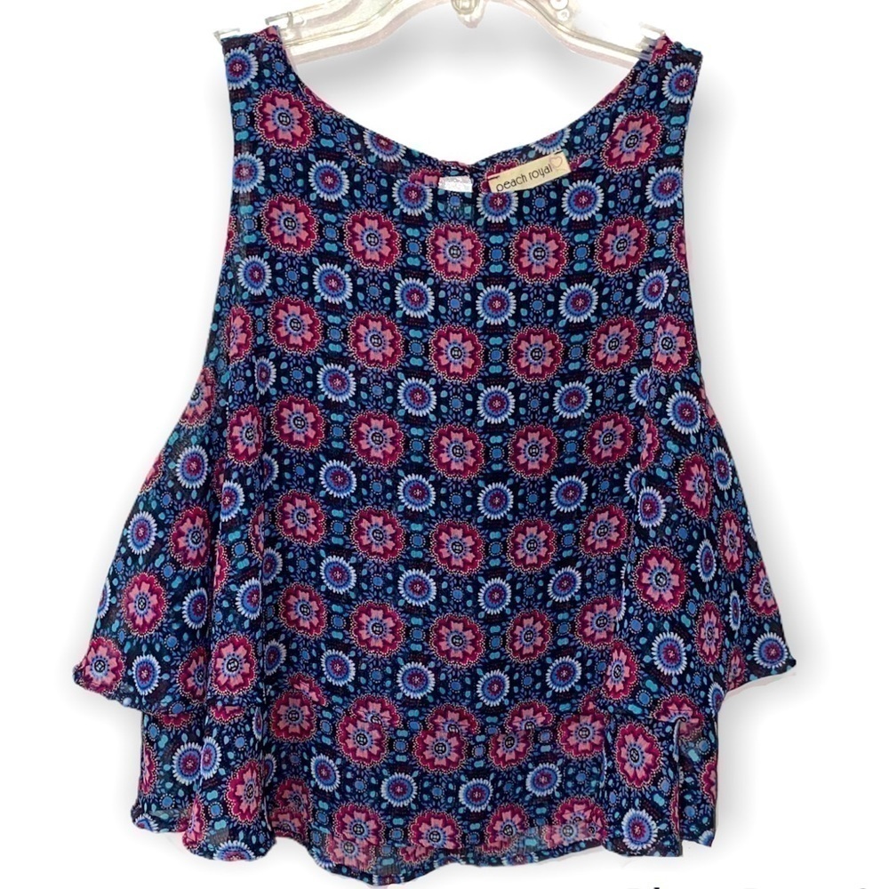 Peach Royal Blue Tank Top w Floral Bright Print Size Small